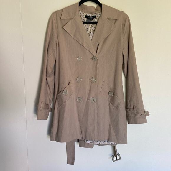 Sandro Tan Trench Coat Jacket Belted Double Breasted Striped Short - Picture 7 of 15